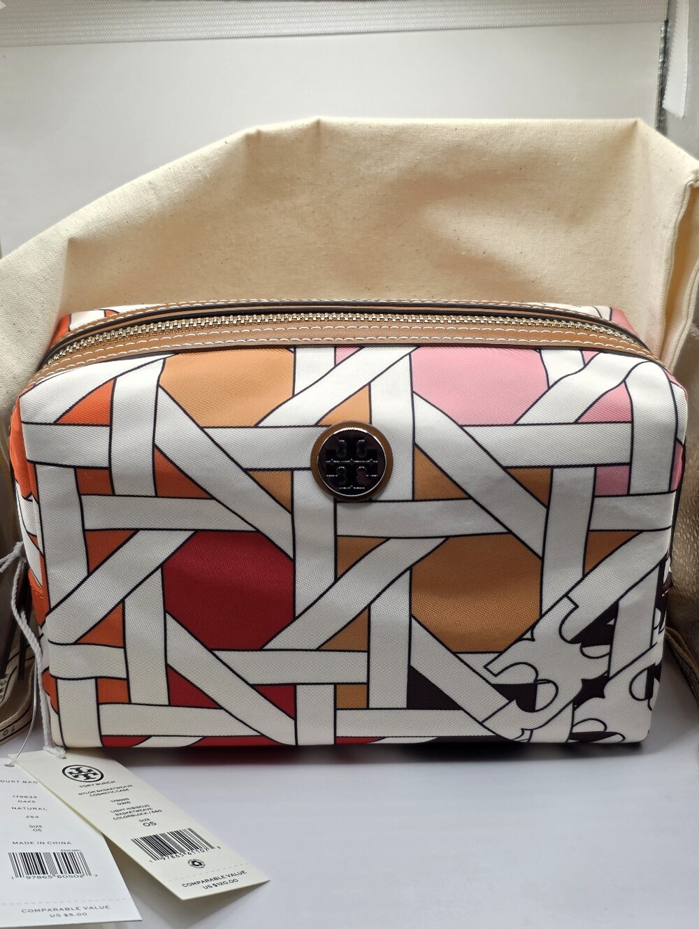 Tory Burch Light Hibiscus Basketweave Colorblock Cosmetic Bag